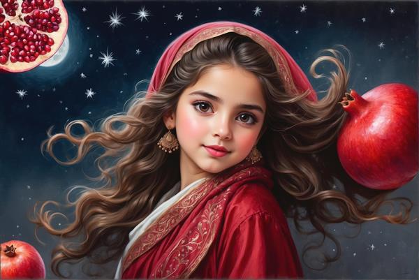 تصویرسازی پرتره دختر بچه زیبا با انار معلق و تم شب یلدا برای پوستر