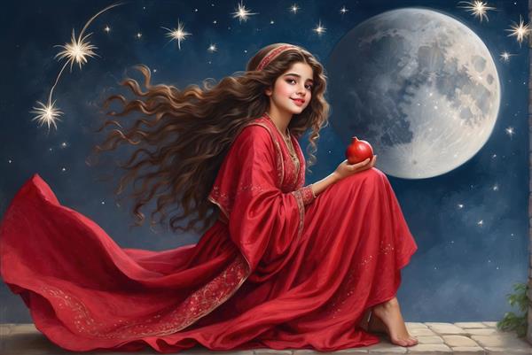 عکس باکیفیت دختر مو بلند نشسته زیر ماه کامل مناسب چاپ تابلو دکوراتیو