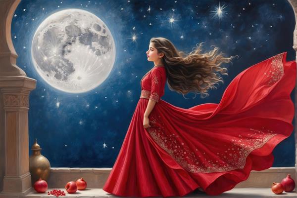 عکس ژورنالی دختر با پیراهن بلند قرمز و موهای رها در باد زیر نور ماه