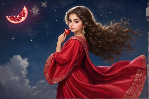 طرح فانتزی دختر با انار و آسمان جادویی مناسب چاپ روی شاسی و بوم