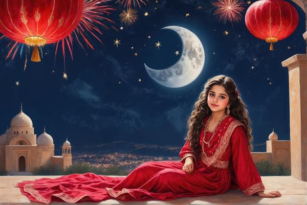 بک گراند باکیفیت شب یلدا با دختر نشسته و فانوس های قرمز و هلال ماه