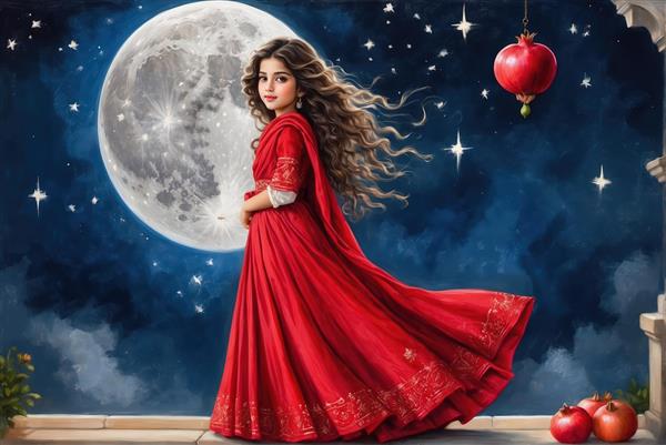 عکس گرافیکی دختر ایرانی در حال رقص با لباس چین دار و فانوس انار