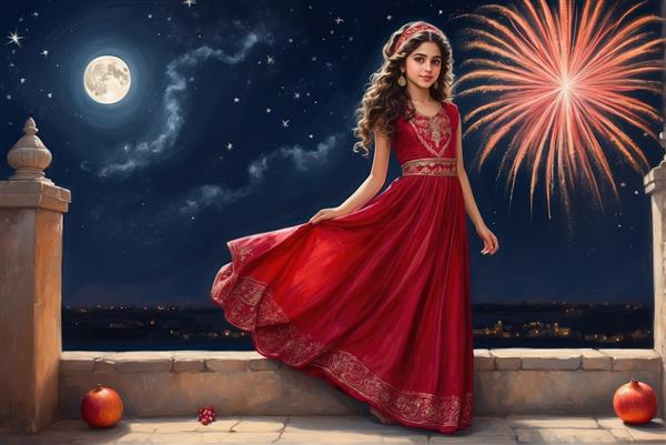 تصویر رویایی دختر ایستاده در تراس با آتش بازی و منظره شب برای چاپ عریض