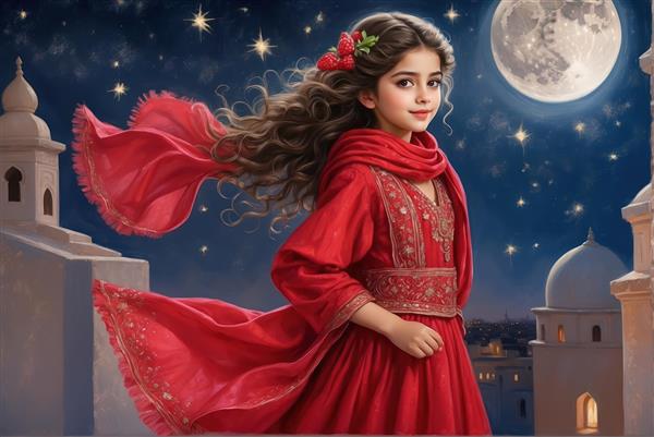 پوستر دیواری دختر مو بلند در باد با پس زمینه شهر قدیمی و ماه کامل