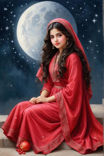 تصویرسازی سه بعدی دختر با لباس مجلسی قرمز و انار شب چله برای تابلو اتاق کودک