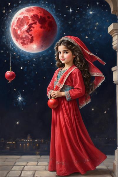 دختر شاد با لباس قرمز و سیب آویزان زیر ماه سرخ (خونین) شب یلدا