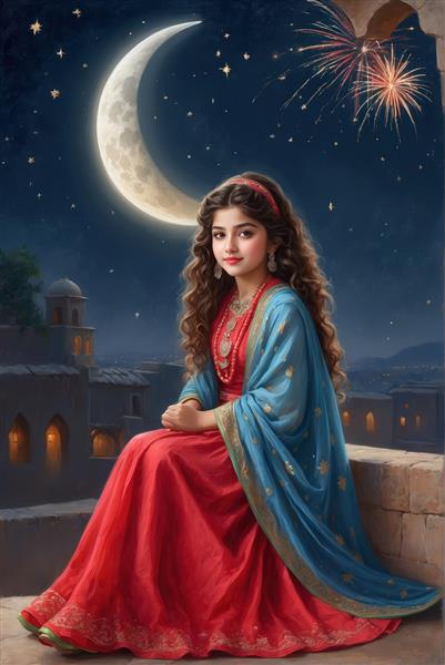 دختر زیبا در شب جشن و آتش‌بازی، نشسته روی دیوار با شال فیروزه‌ای