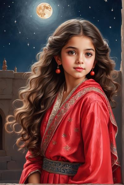 پرتره جذاب دختر در لباس سنتی قرمز با موهای بلند و انارآویز