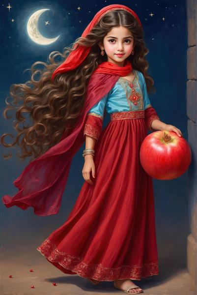 دختر ایرانی در لباس شیک آبی و قرمز با انار بزرگ زیر هلال ماه