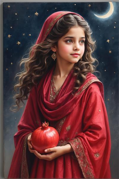 پرتره دختر رویایی در شال قرمز با انار در دست زیر هلال ماه و ستاره‌ها