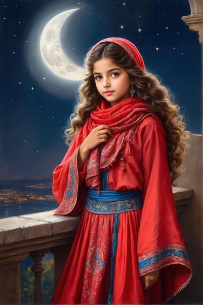 دختر زیبا در لباس قرمز سنتی بر بالکن با منظره شب شهر و هلال ماه