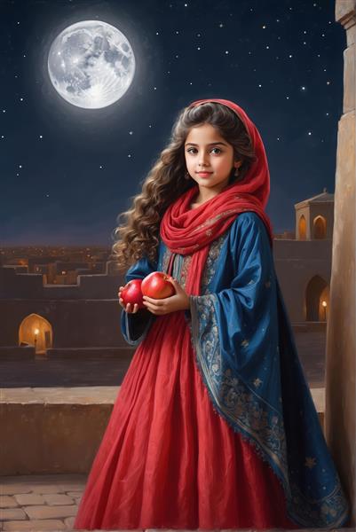 دختر جذاب با پیراهن قرمز و آبی در تراس شهر قدیمی زیر نور ماه