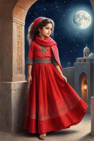 دختر ظریف با پیراهن قرمز سنتی زیر طاق و معماری قدیمی در شب