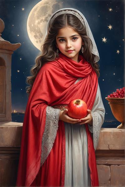 پرتره دختر معصوم با انار و لباس سفید و شال قرمز زیر ماه کامل