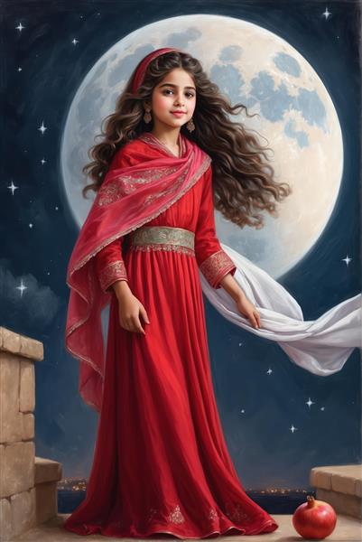 تصویر هنری دختر زیبا با لباس قرمز و شال بادی زیر ماه و ستاره‌ها