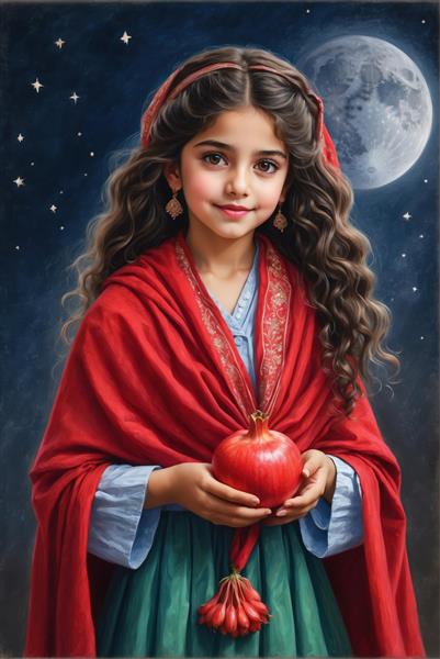 پرتره دختر دلربا با شال قرمز و انار در دست زیر نور ماه شب یلدا