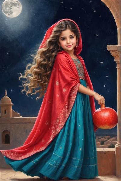 دختر شاد با چادر قرمز و لباس فیروزه‌ای و انار در دست زیر نور ماه