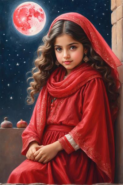 پرتره نزدیک دختر معصوم با شال قرمز زیر ماه سرخ در شب یلدا