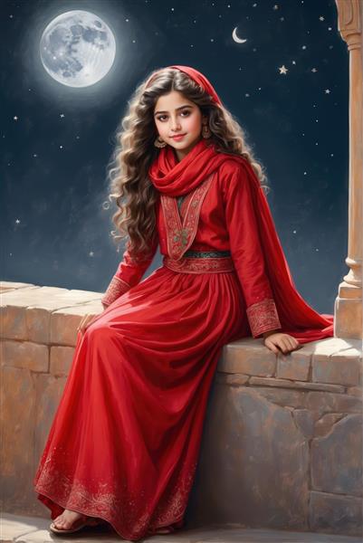 دختر آرام با موهای فر و لباس سنتی قرمز نشسته بر دیوار در شب مهتابی