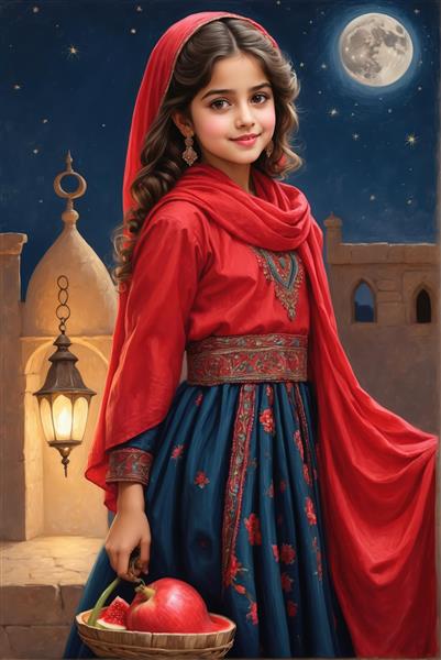 دختر ایرانی خندان با سبد انار و لباس آبی و قرمز کنار فانوس قدیمی