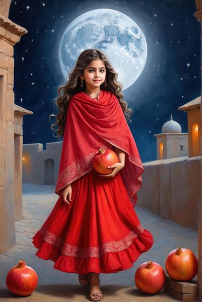 نقاشی دختر جوان با لباس سنتی قرمز و انار در کوچه قدیمی در شب مهتابی