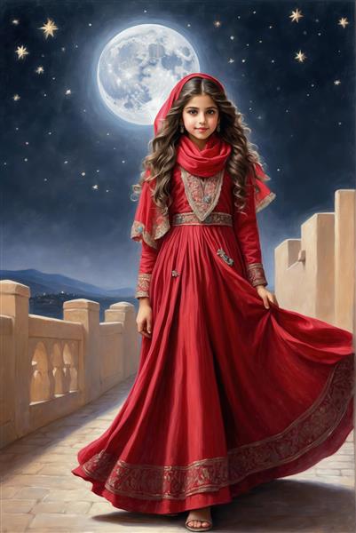 دختر نازنین ایرانی در لباس محلی قرمز ایستاده زیر ماه تابان و آسمان پرستاره