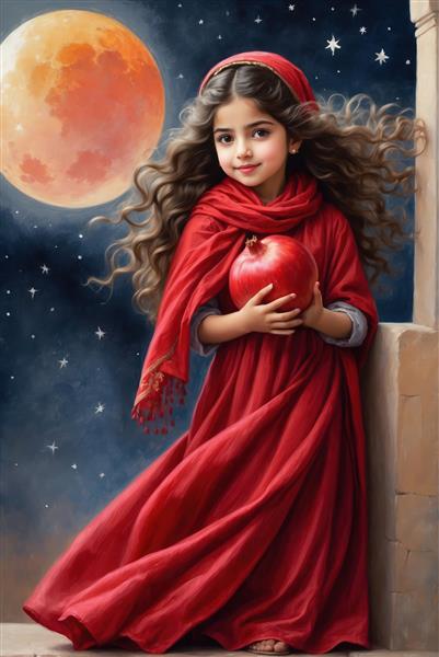 تصویر هنری دختر زیبا با لباس قرمز و انار در آغوش زیر ماه سرخ شب یلدا