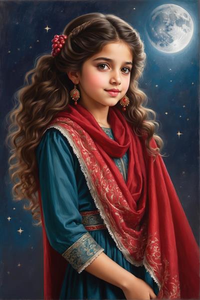 پرتره دختر دلربا با شال قرمز و لباس سنتی ایرانی زیر آسمان شب پرستاره