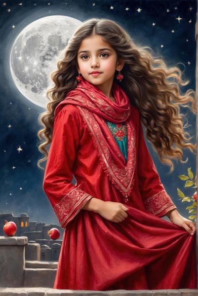 دختر ایرانی زیبا در لباس سنتی قرمز زیر نور ماه کامل شب یلدا