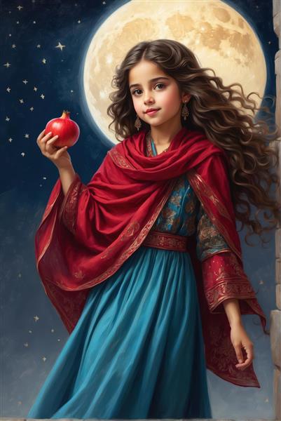دختری با شال قرمز و لباس فیروزه‌ای، انار در دست، ماه کامل بزرگ