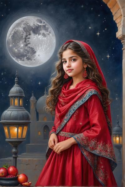 دختر با لباس یلدایی در بالکن و فانوس با ماه کامل، فضای سنتی شب