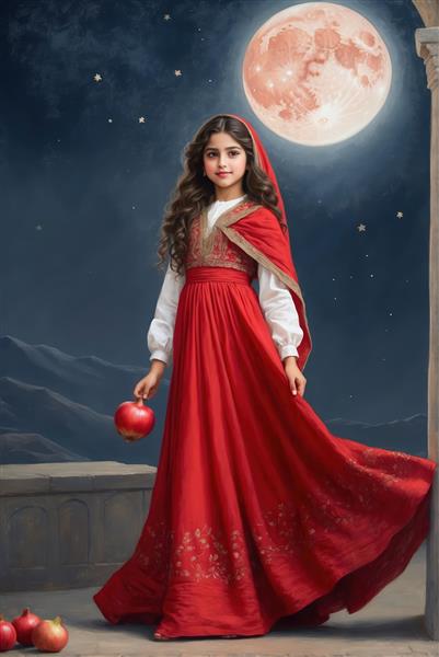 دختر با لباس قرمز سنتی و انار زیر ماه بزرگ سرخ، منظره کوهستانی شب