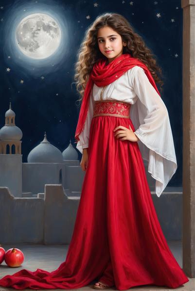 دختر با لباس سنتی بلند قرمز در حال ایستادن، نمای شبانه با گنبدهای شرقی