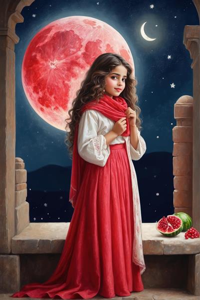 دختری با لباس یلدایی در کنار ماه خونین بزرگ و هندوانه، منظره شب