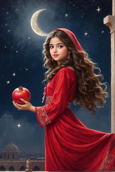 دختر شاد با لباس سنتی سرخ و انار در شب با ماه هلالی، تم یلدا و ایران