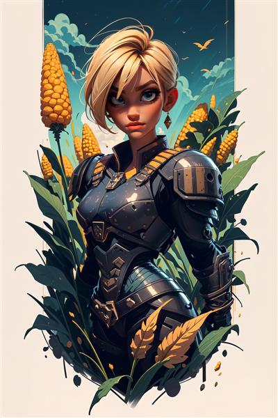 دختر جنگجو در زره سیاه میان مزرعه ذرت، سبک کارتونی مدرن وکتورگونه