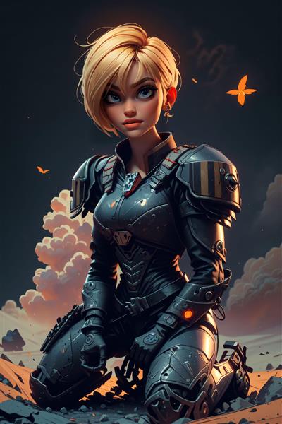 زن جنگجوی فانتزی با زره در صحنه پسا آخرالزمانی، طرح سه‌بعدی گیمینگ