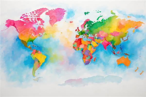 نقشه جهان آبرنگی با زمینه آبی ملایم و رنگ‌های گرم قاره‌ها
