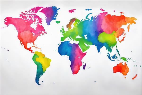 نقشه جهان آبرنگی با تونالیته‌های رنگی عمیق روی زمینه سفید