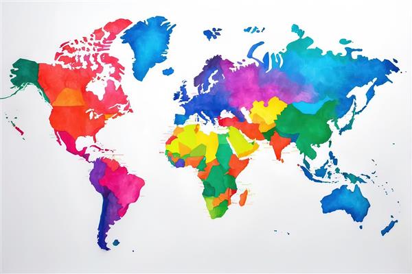 نقشه جهان با رنگ‌های جداگانه کشورها در سبک آبرنگ، طرح هندسی