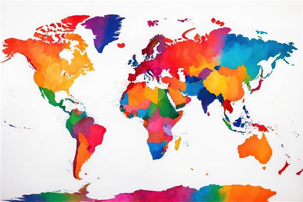 نقشه جهان آبرنگی با مرزبندی‌های مشخص کشورها بر زمینه سفید