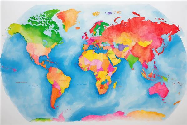 نقشه جهان آبرنگی با اقیانوس‌های آبی روشن، طرح کودکانه و شاد