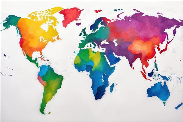 نقشه جهان آبرنگی با سایه‌روشن‌های آبی و سبز، طرح هنری ملایم