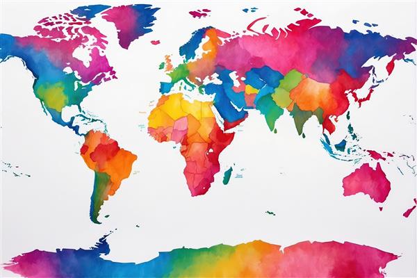 نقشه جهان آبرنگی با غلظت رنگ بالا، طرح مدرن رنگین‌کمانی