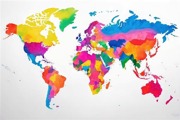 نقشه جهان آبرنگی با لکه‌های رنگی، طرح هنری انتزاعی و زنده