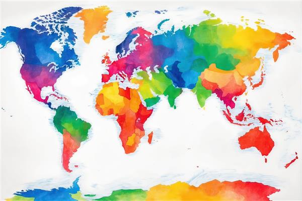 نقشه جهان آبرنگ رنگین‌کمانی روی کاغذ سفید، طرح هنری و شاد