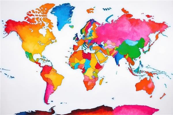 نقشه جهان آبرنگی رنگارنگ با تفکیک کشورها روی پس‌زمینه سفید