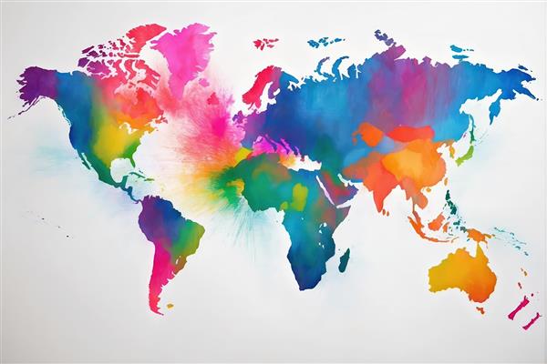 نقشه جهان انفجار رنگ بر زمینه سفید، طرح اسپری آبرنگی انتزاعی