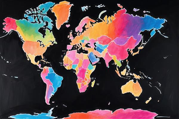 نقشه جهان با ترکیب رنگ‌های آبرنگی ملایم بر زمینه تیره، طرح فانتزی