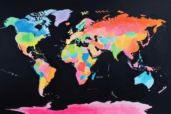 نقشه جهان با رنگ‌های متنوع و بافت آبرنگی بر زمینه مشکی، طرح شاد